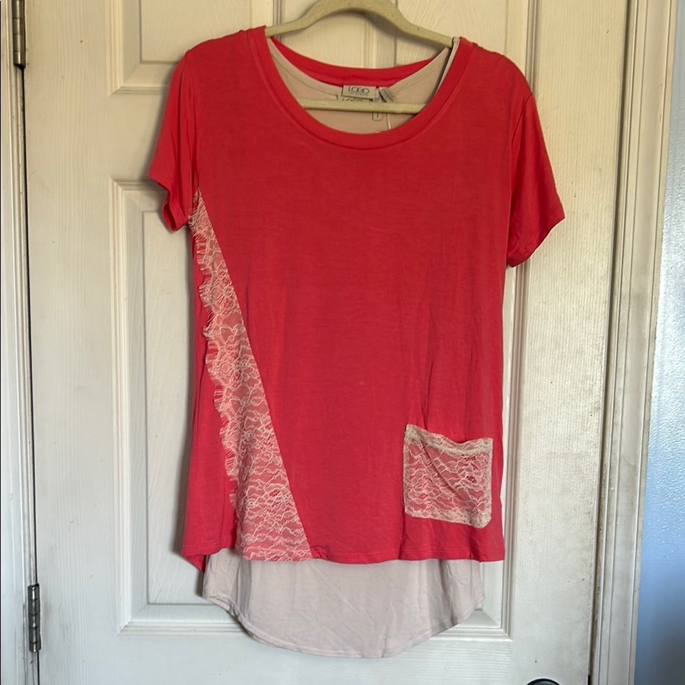 LOGO by Lori Goldstein size XXS short sleeve lace accents top with matching tank